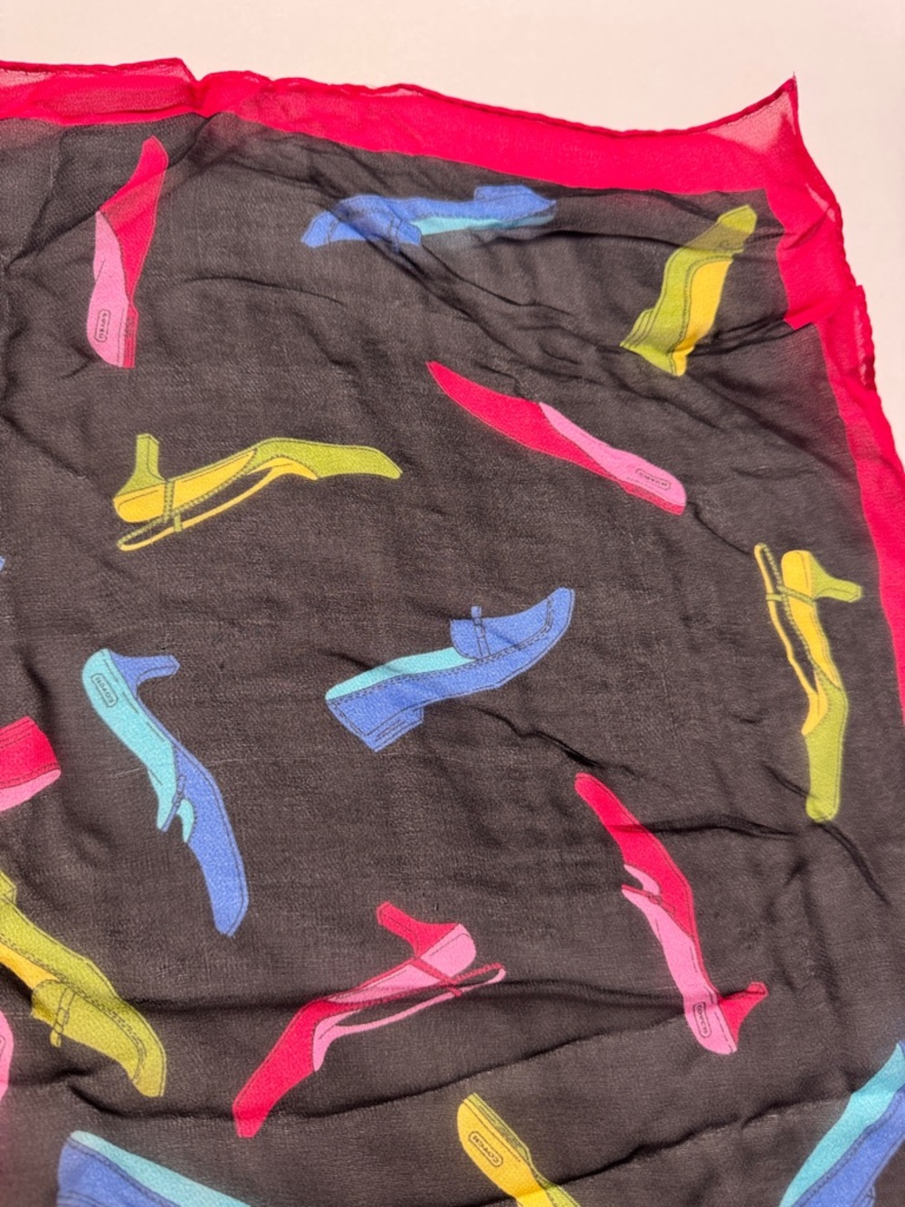 COACH Vintage 100% Silk Black Scarf Bright Shoe Motif Red Border Made in Japan - Picture 10 of 10